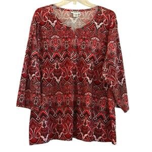 Rebecca Malone Jeweled Top Womens Size 2X Red Black 1/4 Button Casual Paisley